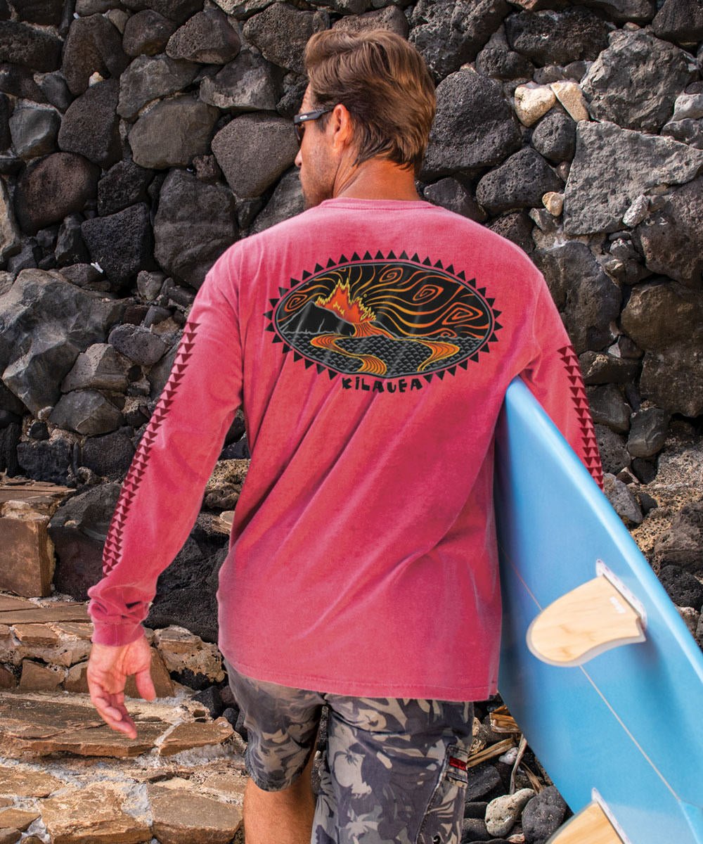 Woodcut Kilauea - Paradise Red Dyed Long Sleeve Crewneck T-Shirt