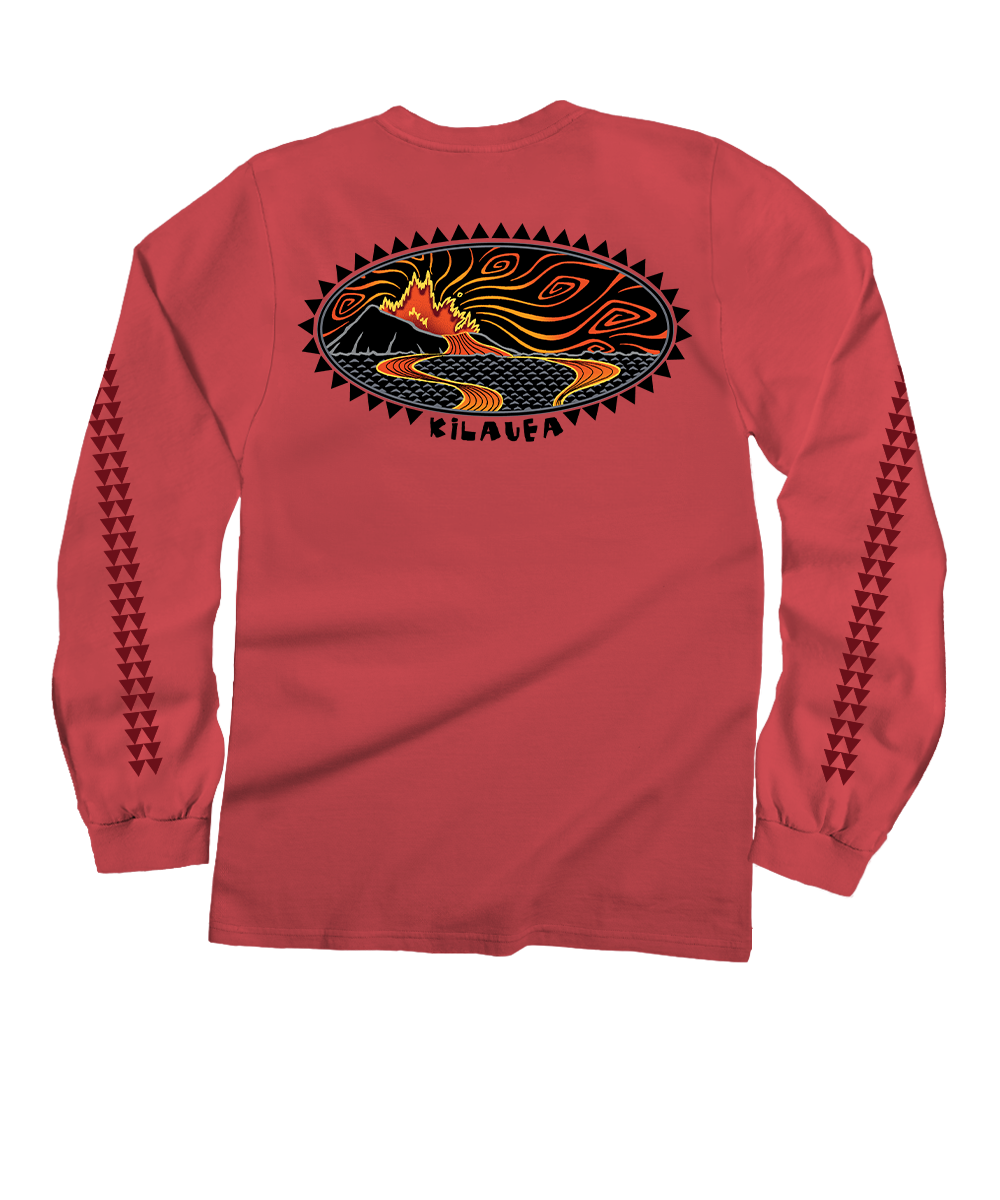 Red long-sleeve shirt with a colorful graphic on the back, displayed against a white background. View 1