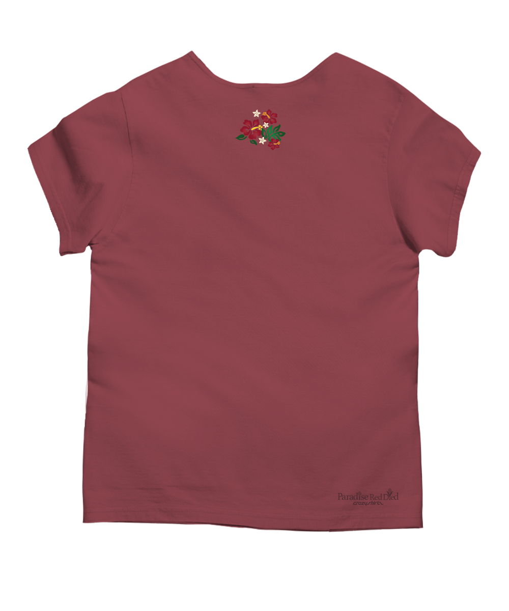Red t-shirt with a small graphic at the top back of the shirt on a white background View 4