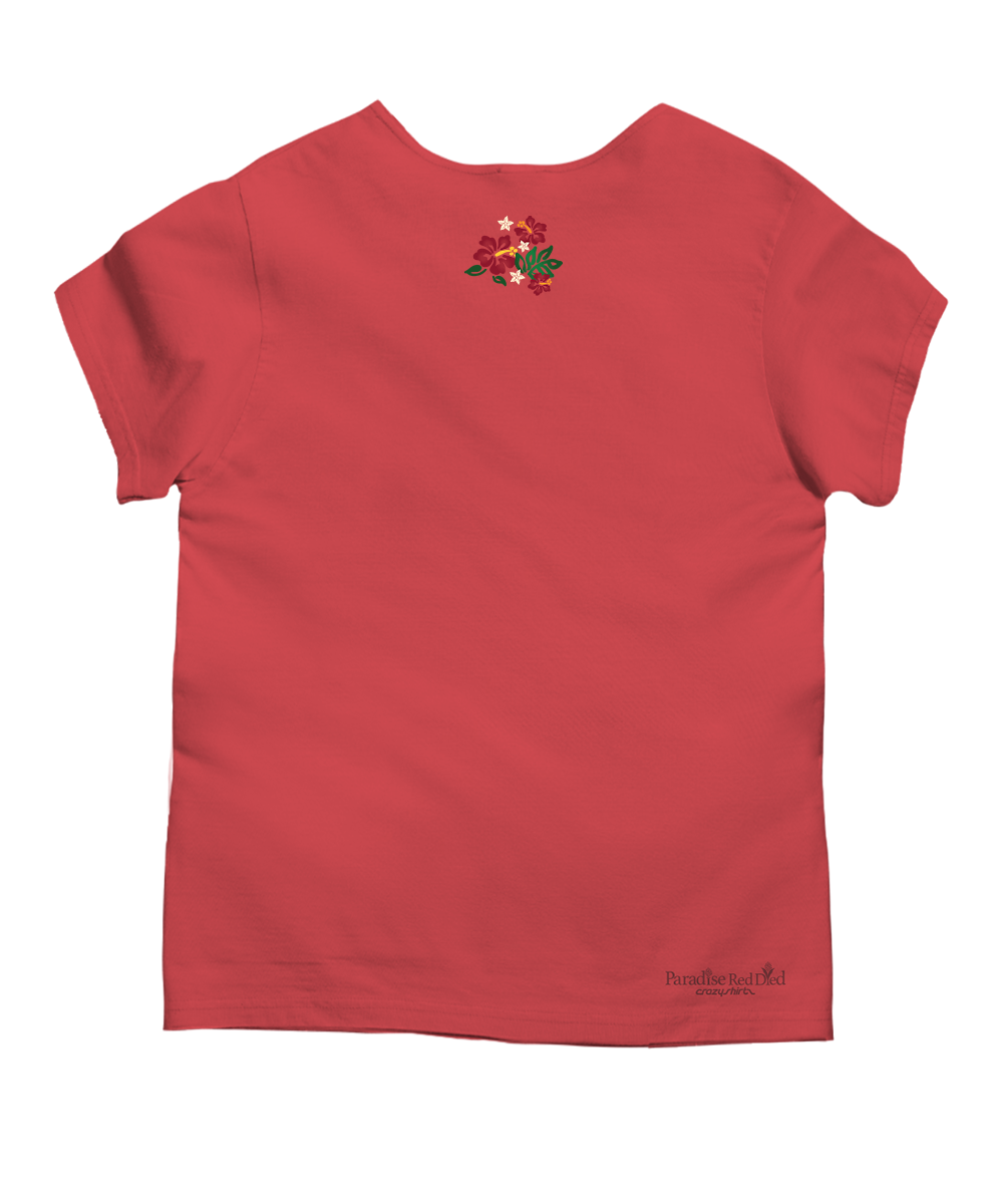 Red t-shirt with a small graphic at the top back of the shirt on a white background View 4