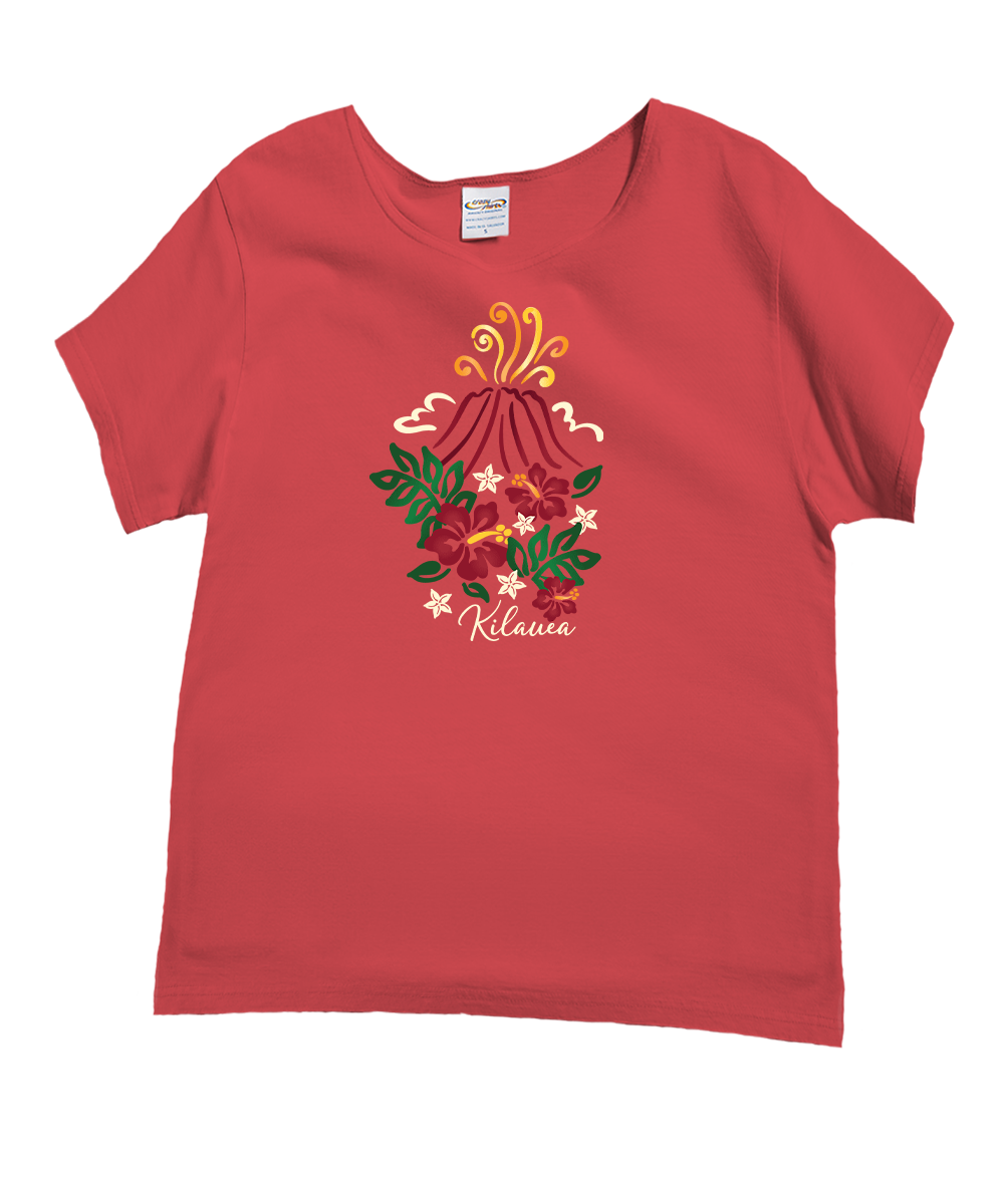 Red t-shirt with floral design and 'Kalauna' text on a white background View 1