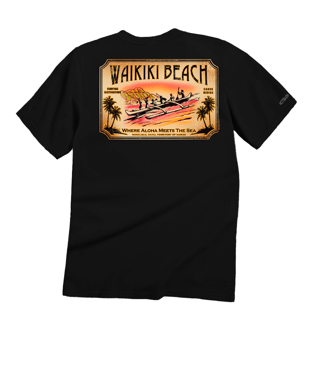 Vintage Waikiki Beach T-Shirt | Men's Black Crewneck Tee