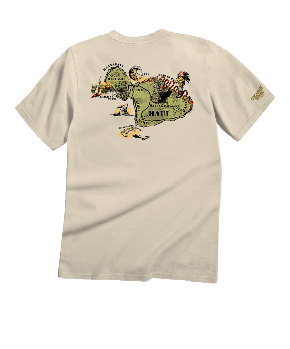 Beige t-shirt with colorful graphic design on the back on a white background View 1