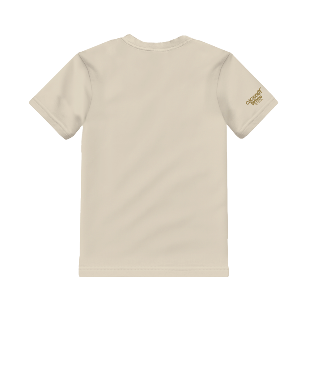Beige t-shirt with a small logo on the back against a white background View 4