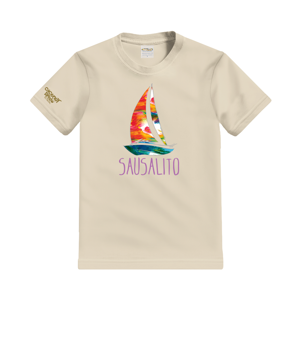Beige t-shirt with a colorful sailboat graphic and 'Sausalito' text on a white background View 1