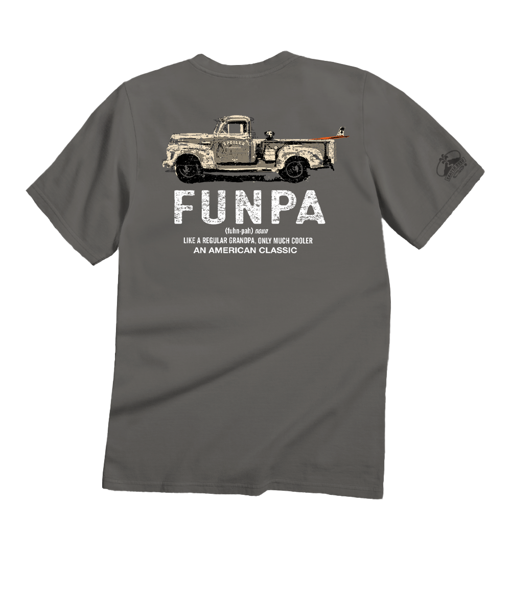 Gray t-shirt with a vintage truck graphic and 'FUNPA' text on a white background View 1