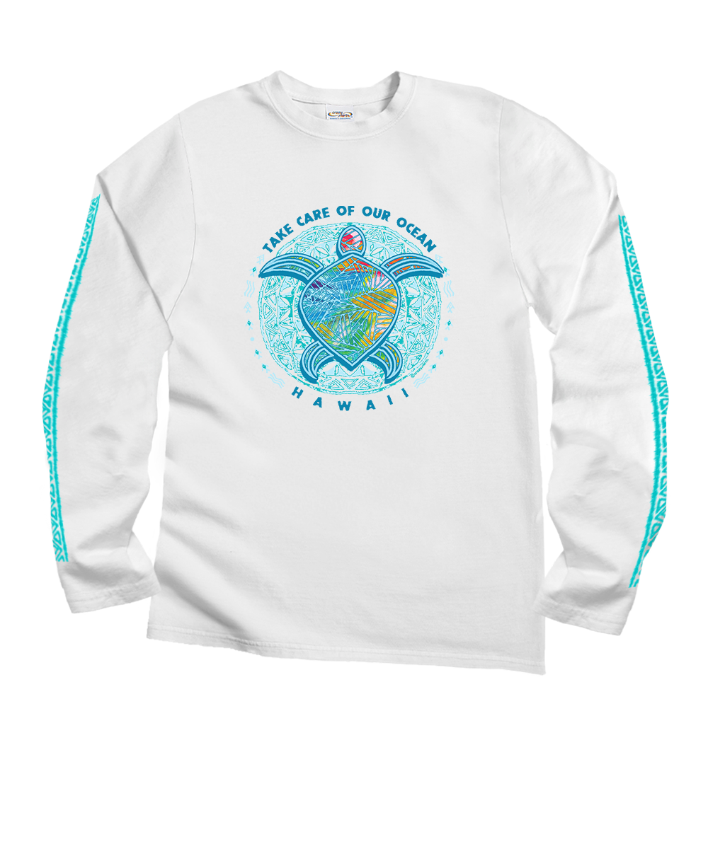 Ocean Blue - White Long Sleeve Crewneck T-Shirt