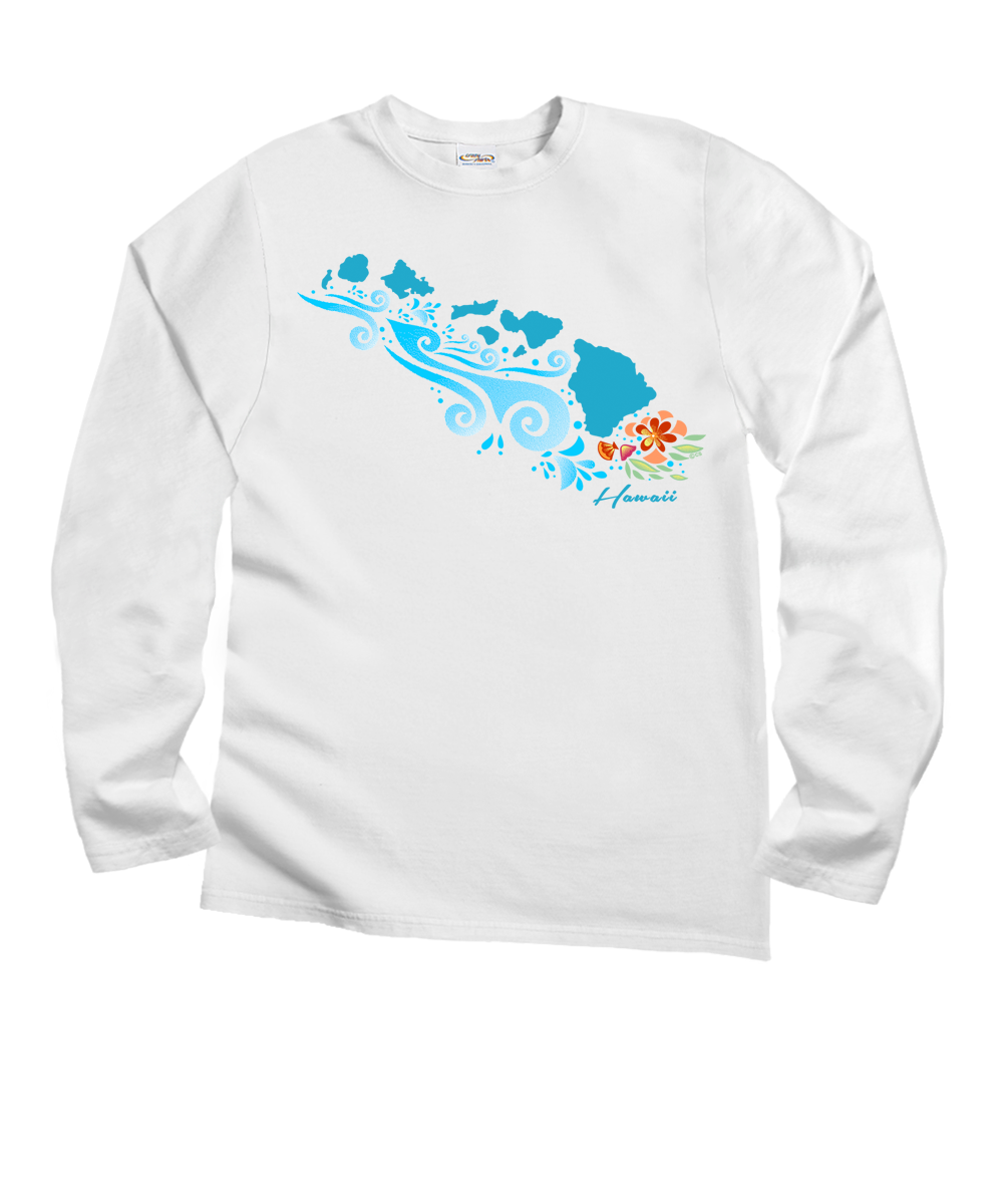 Island Tides - White Long Sleeve Crewneck T-Shirt