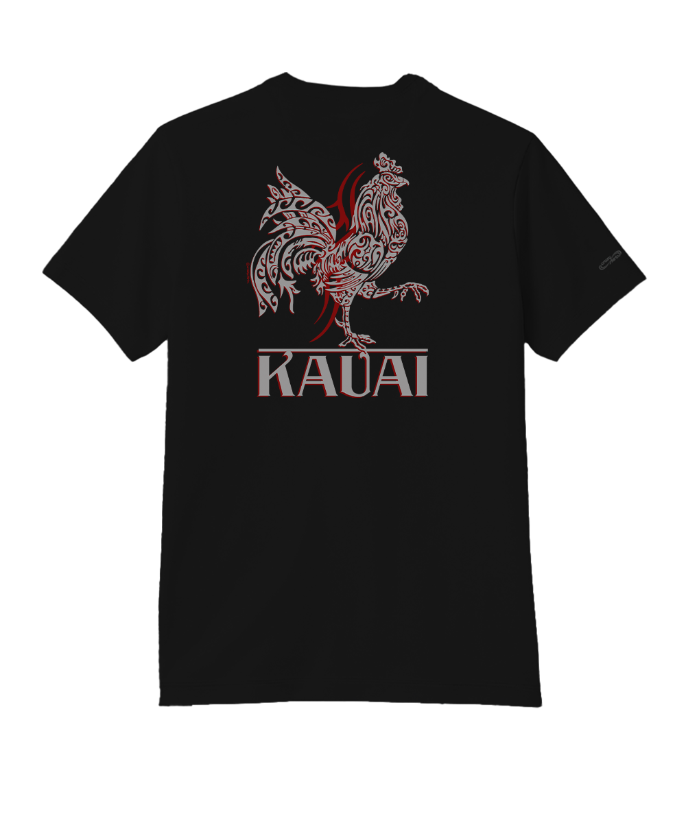 Black t-shirt with red rooster design and 'Kauai' text on a white background View 1