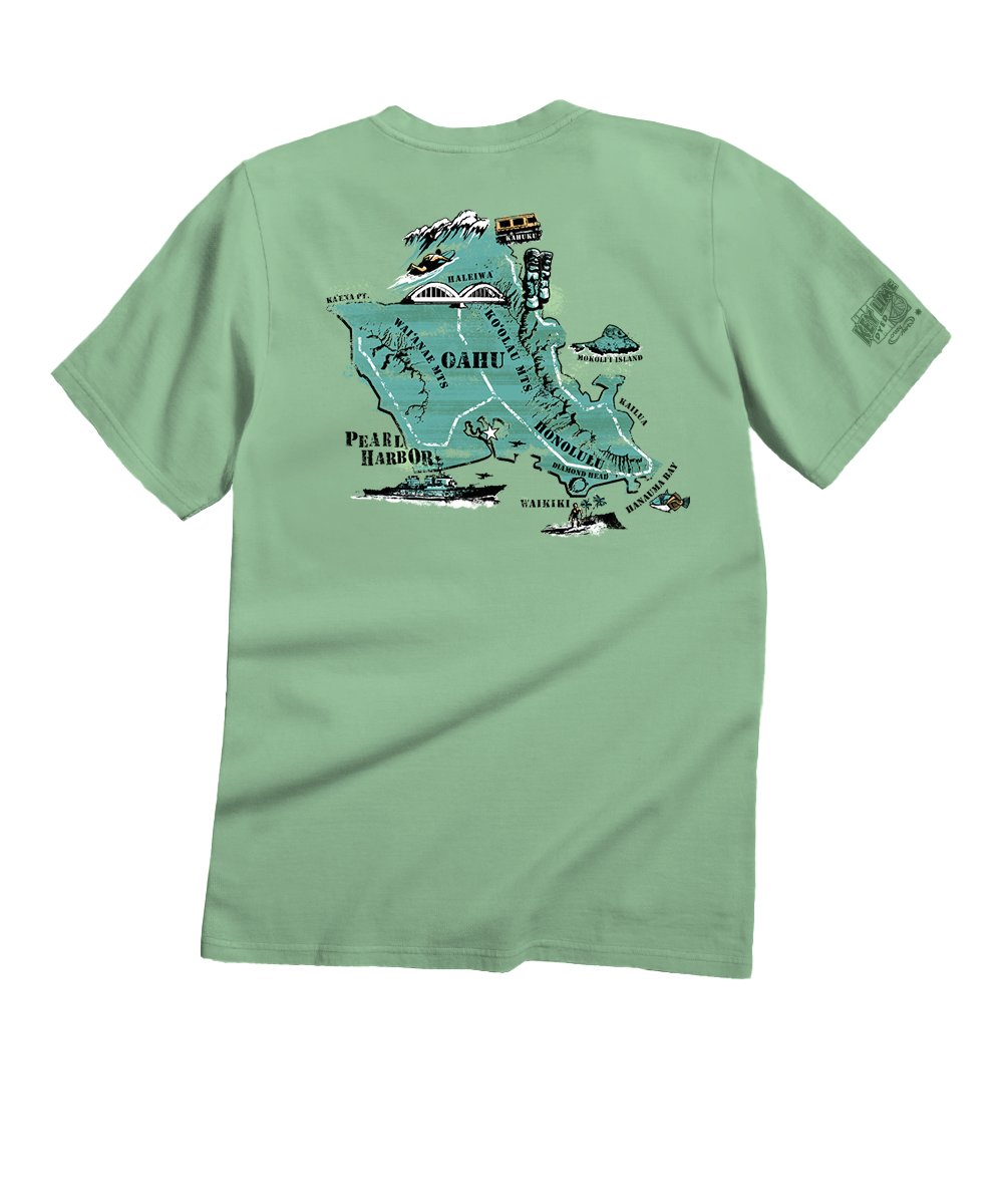 Light green t-shirt with a map design on the back against a white background View 1