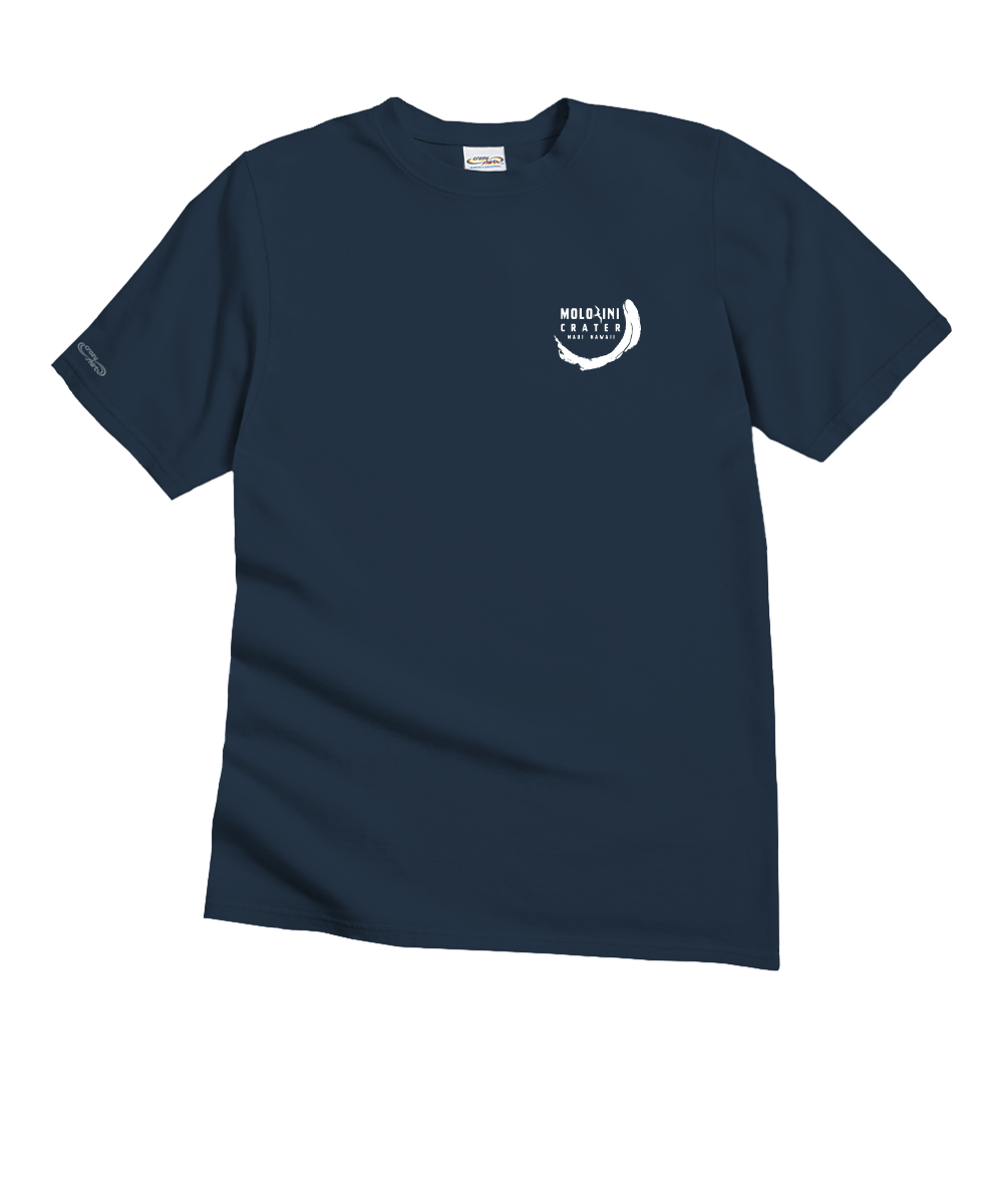 Navy blue t-shirt with a small logo on a white background View 4