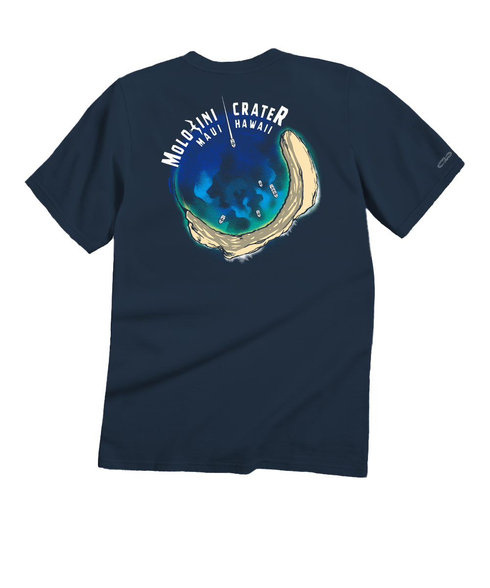 Navy blue t-shirt with a graphic design on the back, featuring text and an image of a crater. View 1