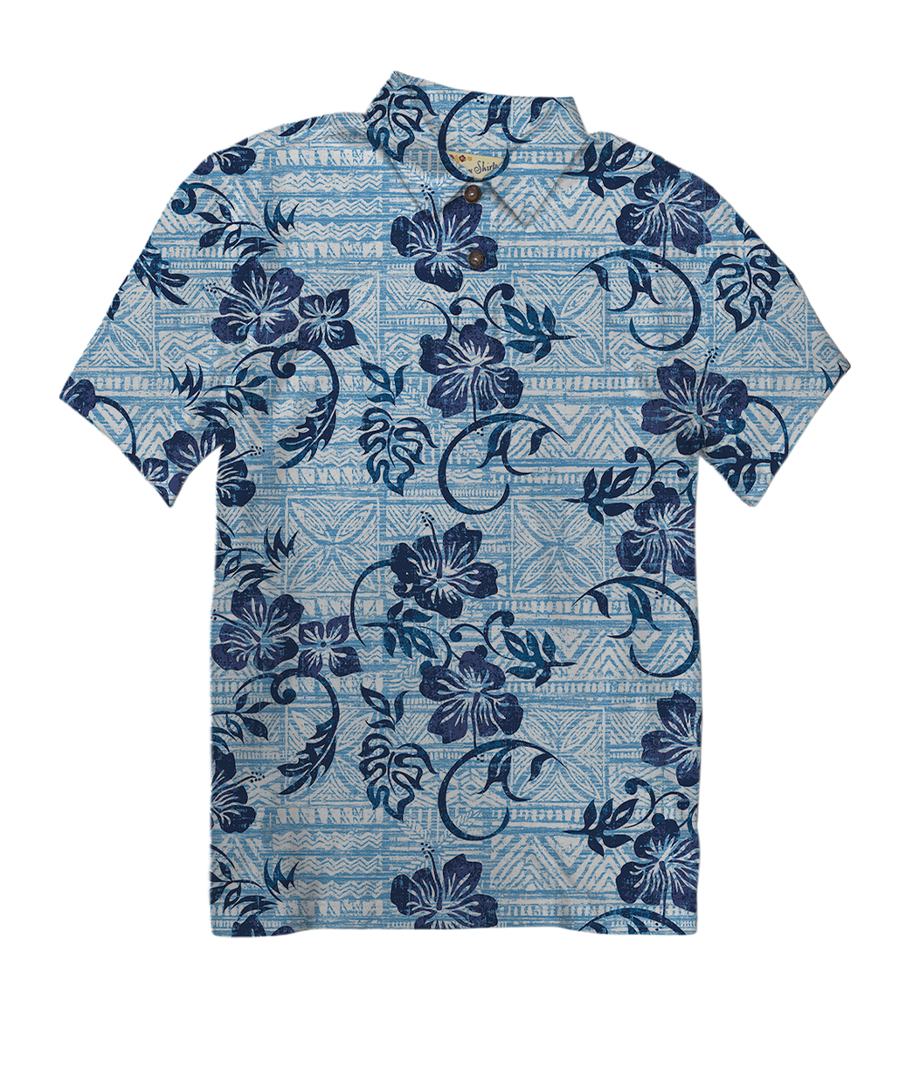 Waikoloa - Blue/Navy Short Sleeve Hawaiian Polo Shirt