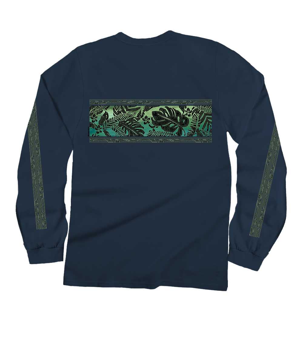 Navy long-sleeve shirt with green leaf pattern on a white background View 4