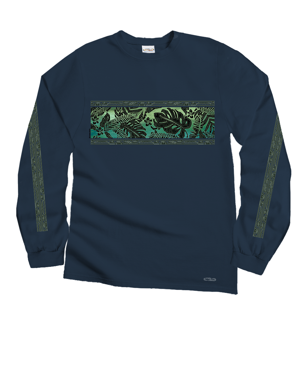 Navy long-sleeve shirt with green leaf pattern on a white background View 1