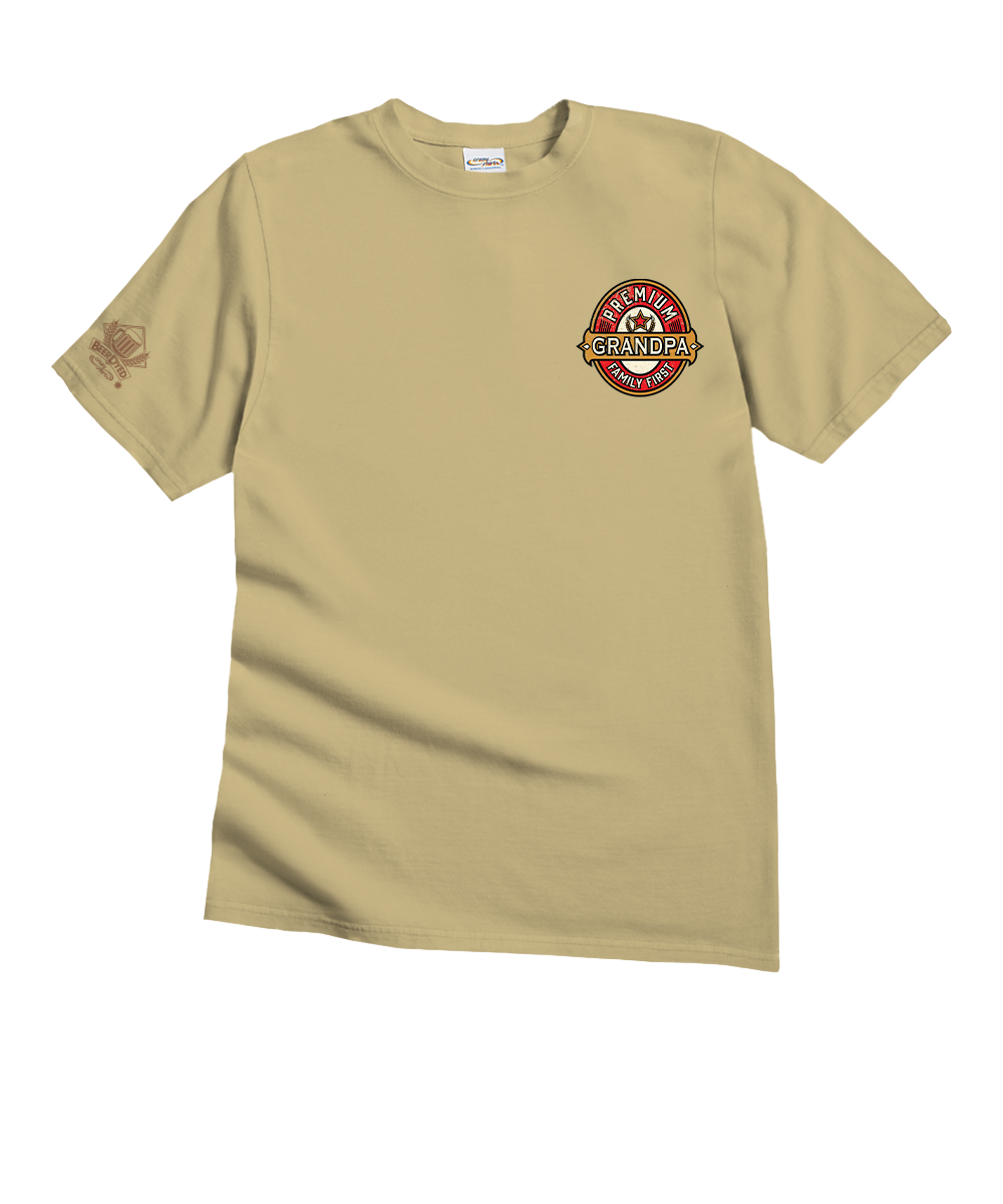 Beige t-shirt with a small logo on a white background View 4