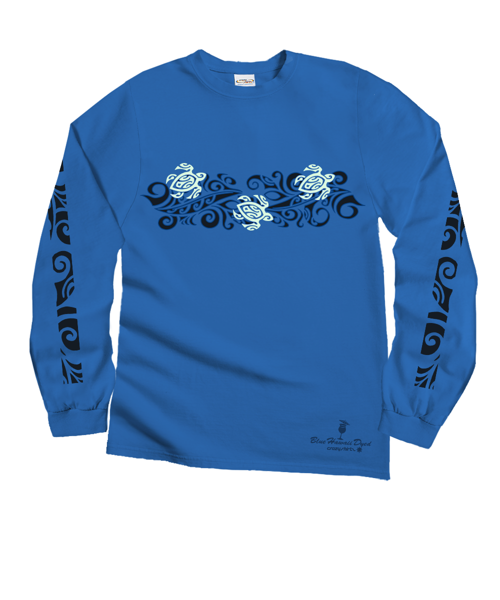 Tribal Honu Band T-Shirt Men's Blue Hawaii Dyed Long Sleeve Crewneck