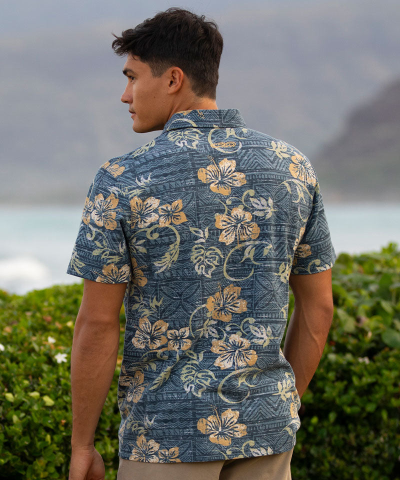 Waikoloa - Blue Nights/Dijon Short Sleeve Hawaiian Polo Shirt