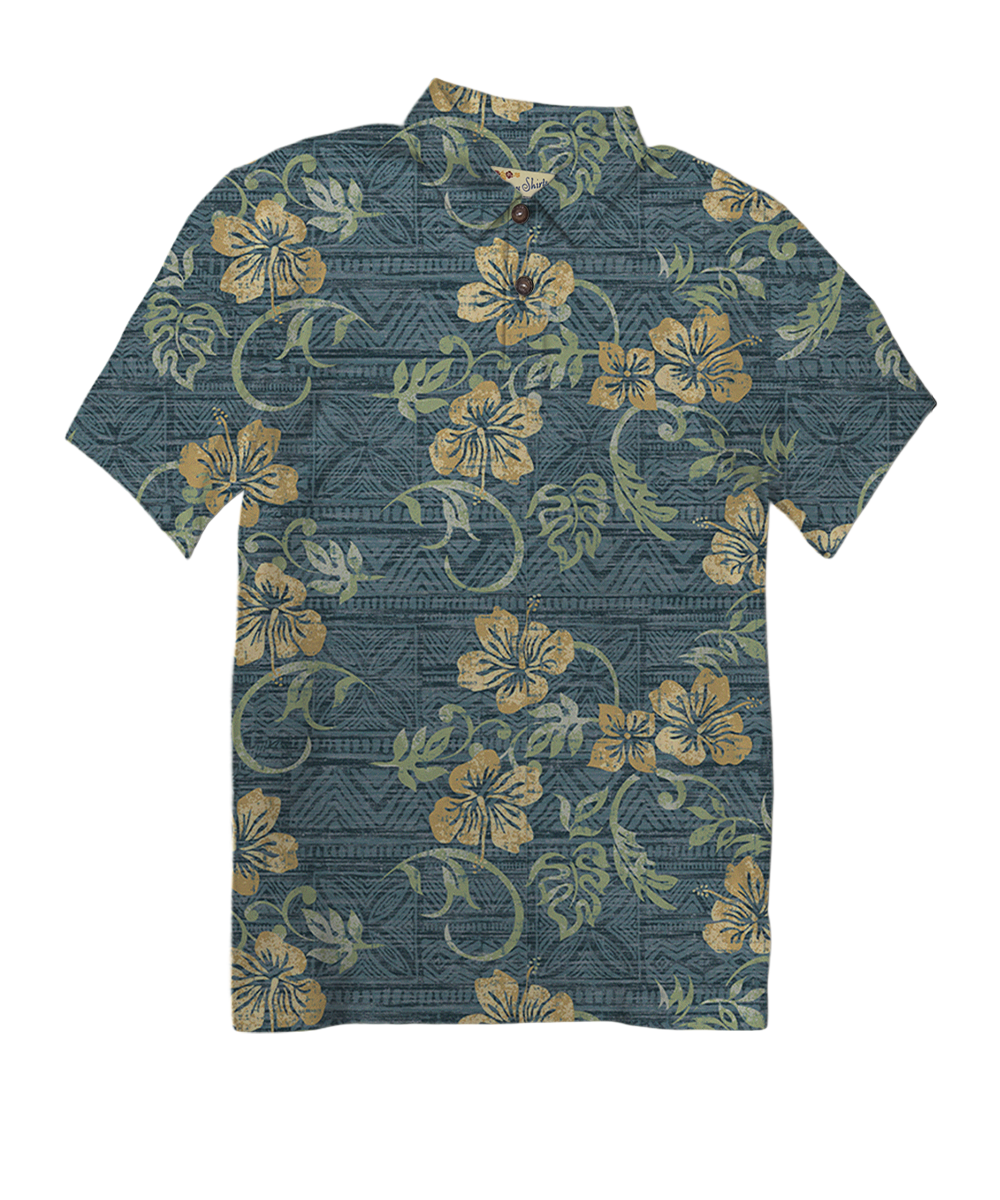 Waikoloa - Blue Nights/Dijon Short Sleeve Hawaiian Polo Shirt