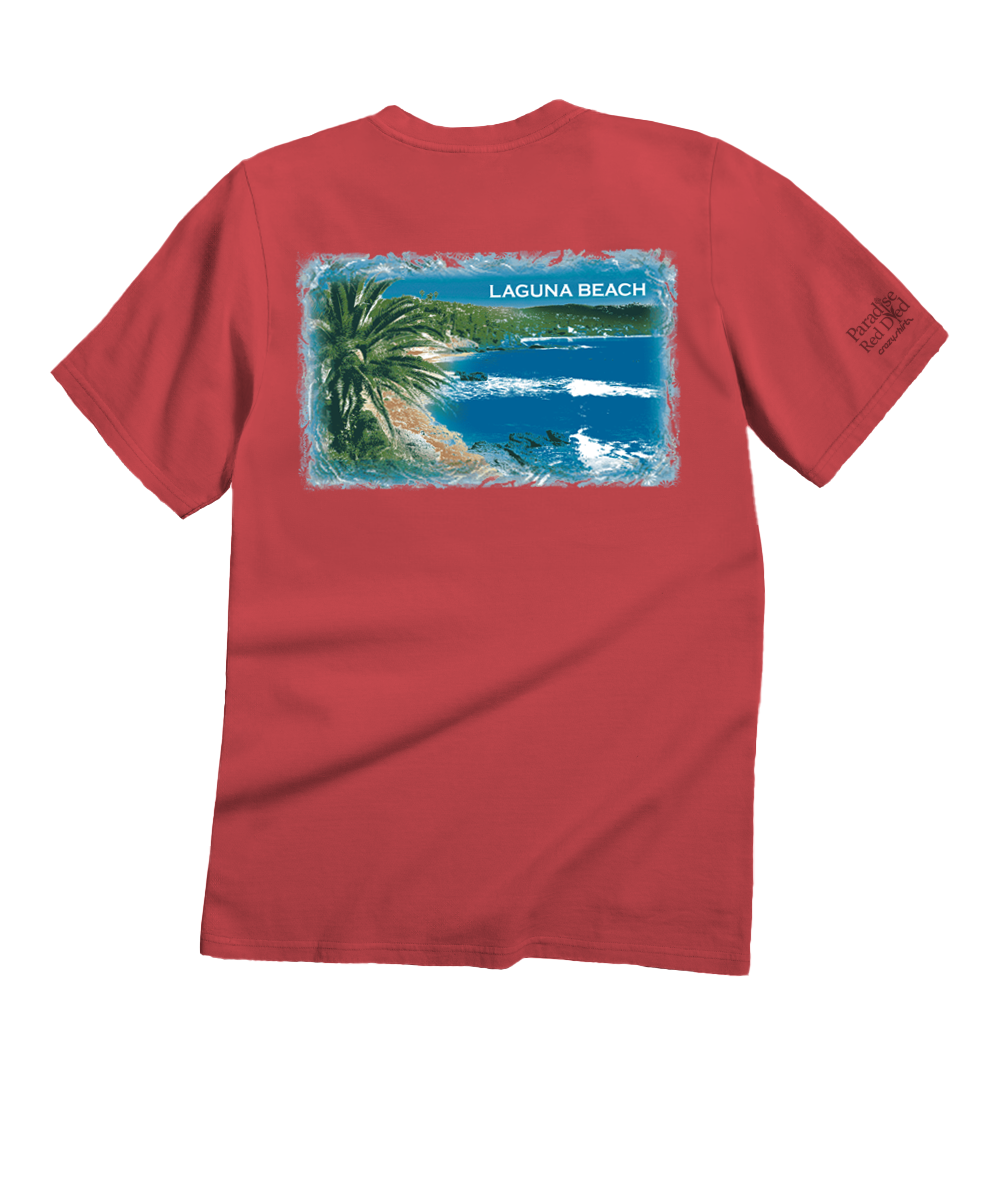 Red t-shirt with a beach graphic and 'Laguna Beach' text on a white background View 1