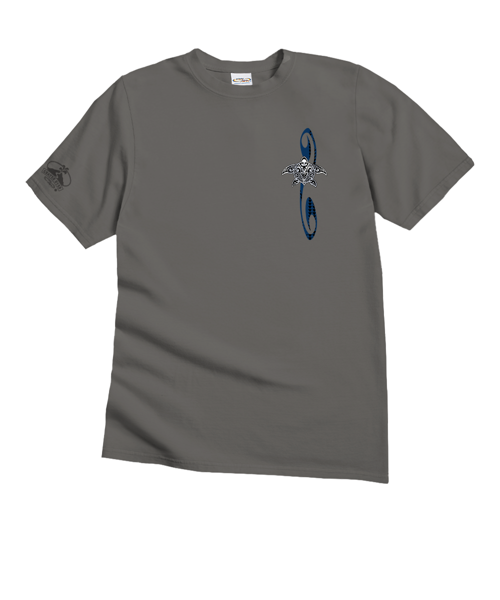 Gray t-shirt with a blue logo on a white background View 4