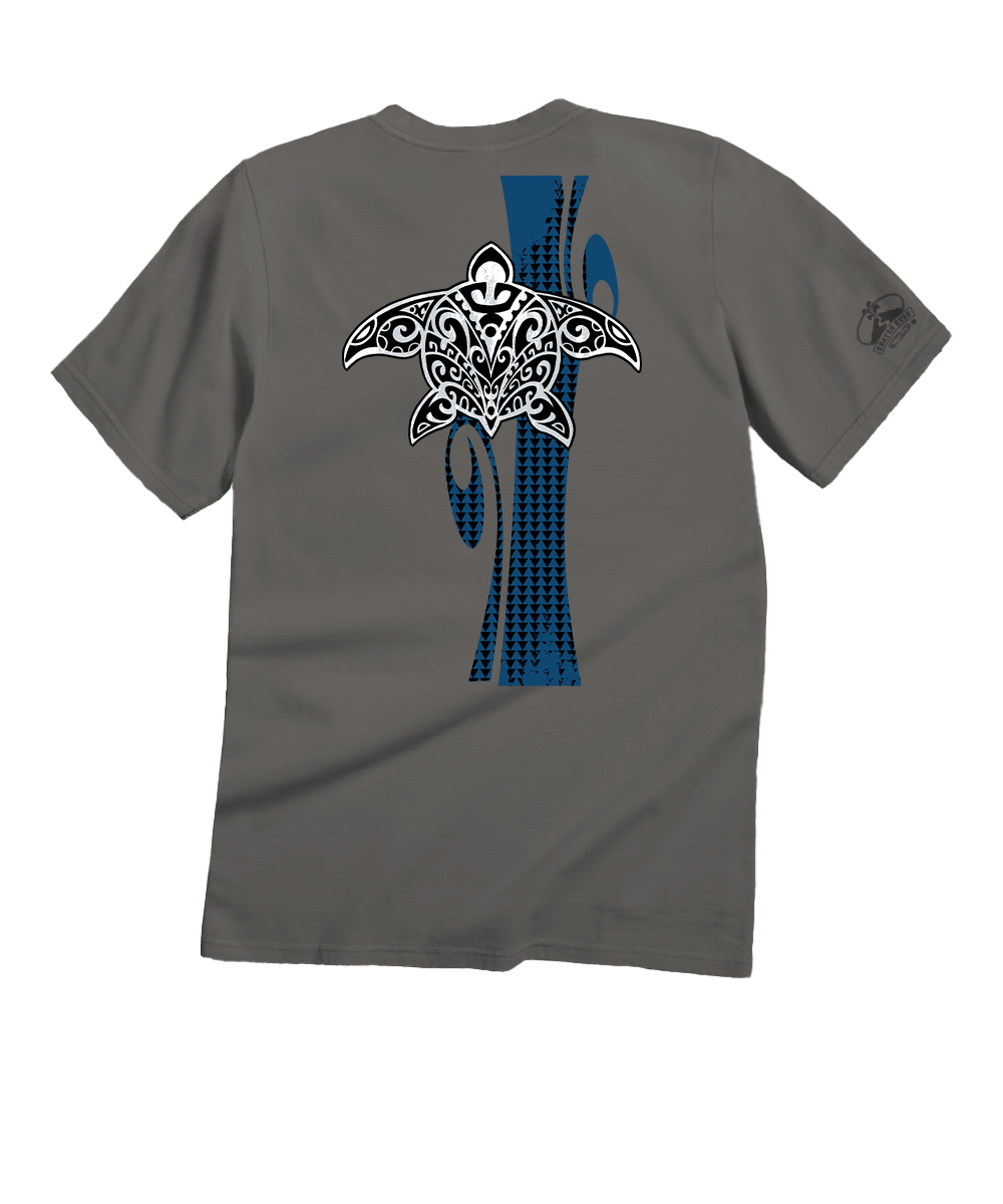 Gray t-shirt with a graphic design on the back featuring a stylized fish and abstract patterns. View 1