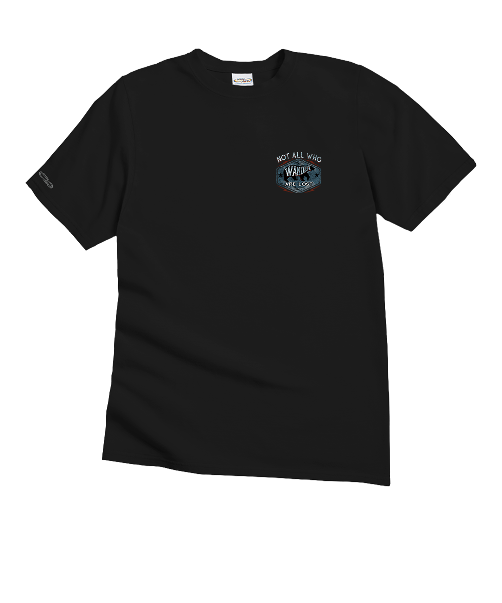 Black t-shirt with a small logo on the chest against a white background View 4