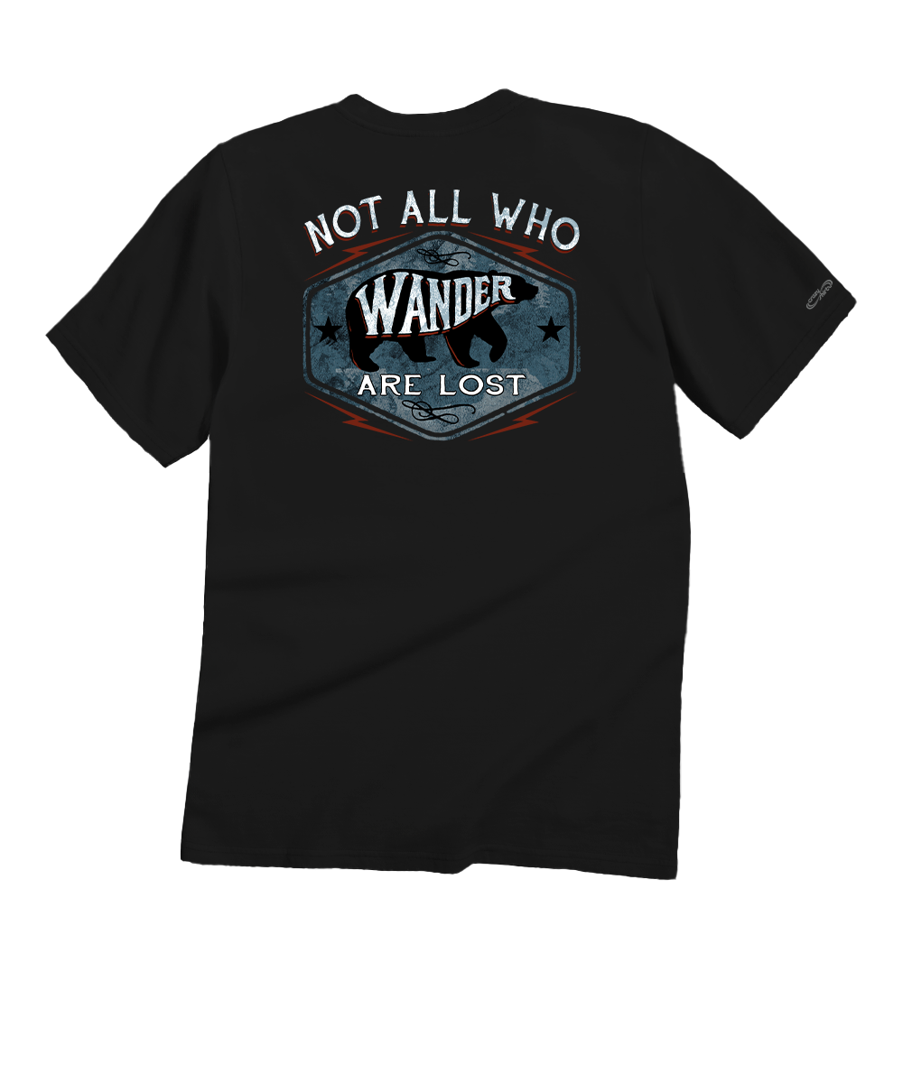 Black t-shirt with 'Not All Who Wander Are Lost' graphic on the back View 1
