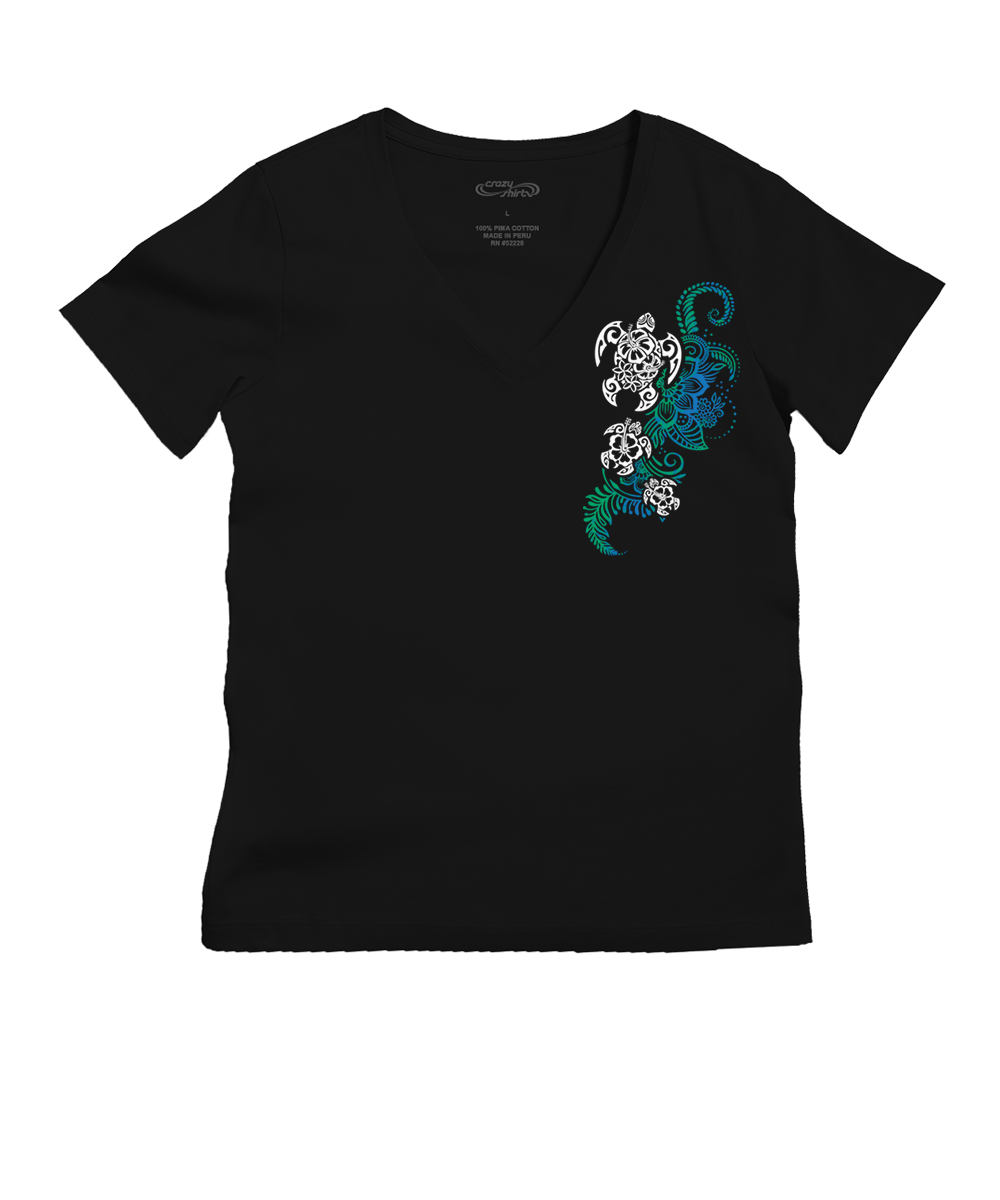 Black t-shirt with a colorful turtle design on a white background View 1