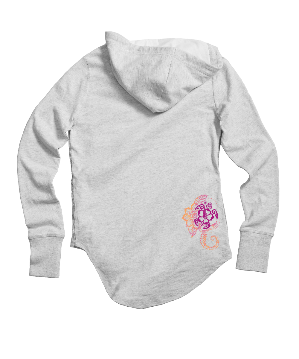 Gray hoodie with a design on the back against a white background View 4
