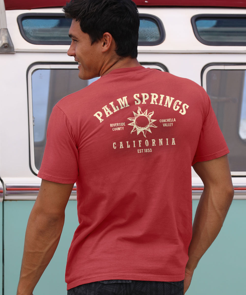 A person facing away from the camera wears a red short-sleeved crewneck t-shirt with 'Palm Springs, California' text and a sun graphic on the back. View 2