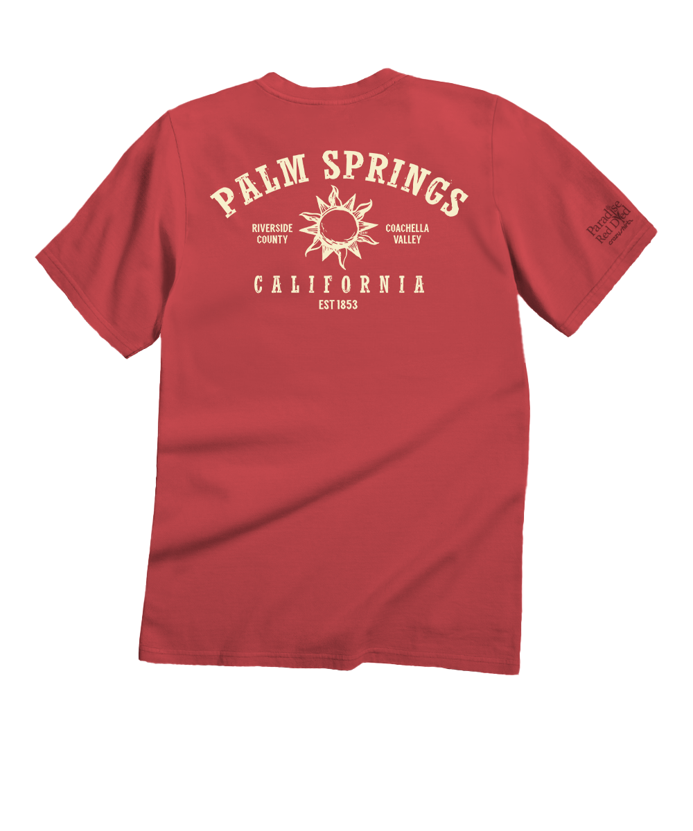 Maroon t-shirt with 'Palm Springs California' text and sun graphic on a white background View 1