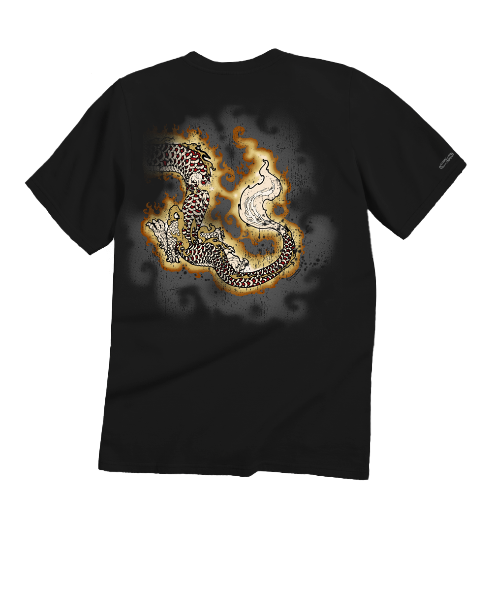 Black t-shirt with a dragon design on the back against a white background. View 4