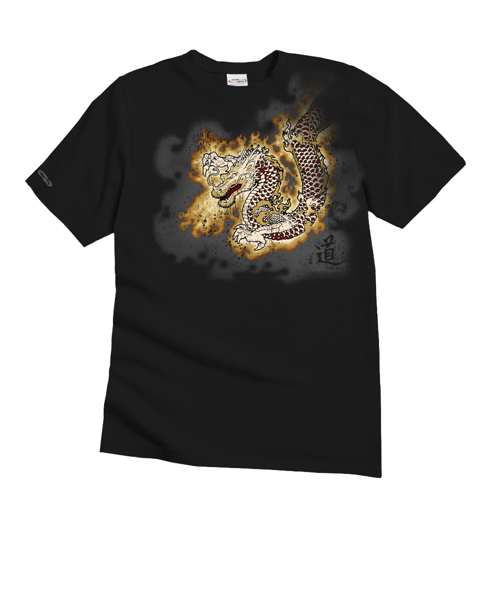 Black t-shirt with a dragon design on a white background View 1