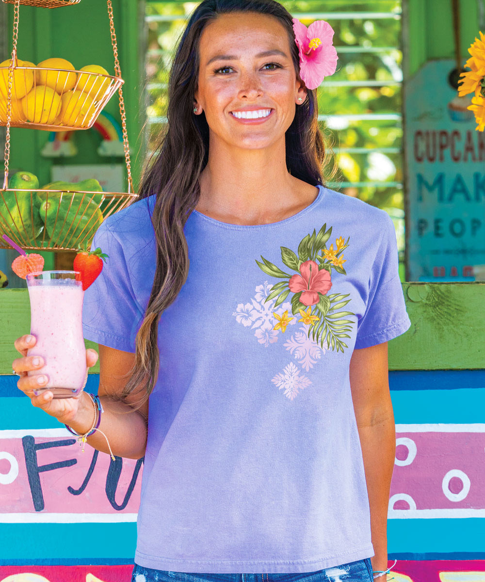 Tropical Quilt - Lavender Dyed Short Sleeve Scoop Neck T-Shirt