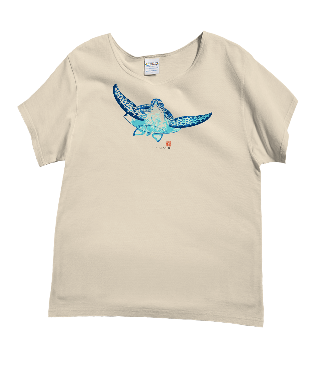 Beige t-shirt with a blue turtle graphic on a white background View 1