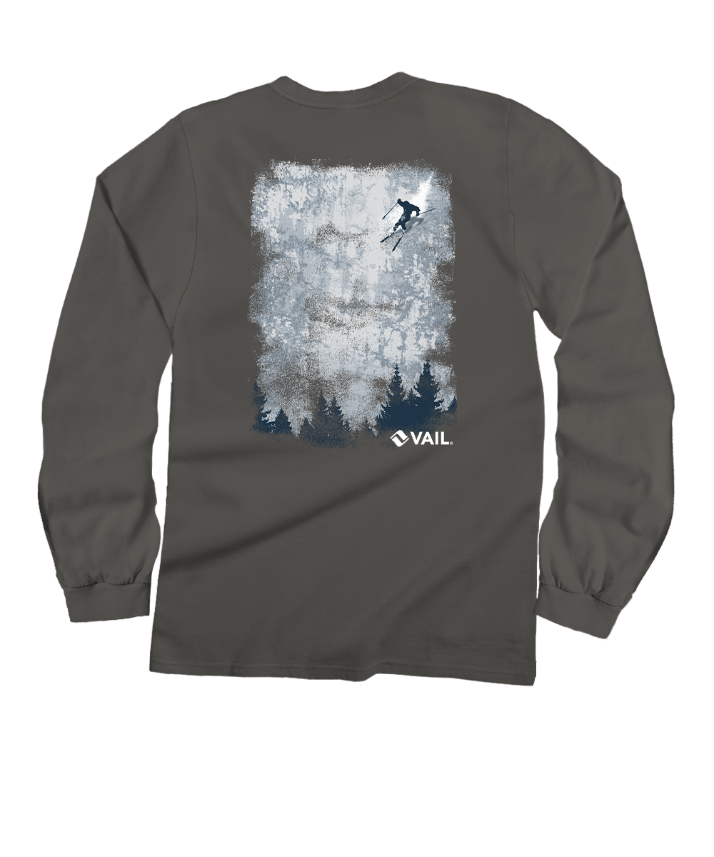 Gray long-sleeve shirt with a skier graphic on the back, featuring the Vail logo. View 1