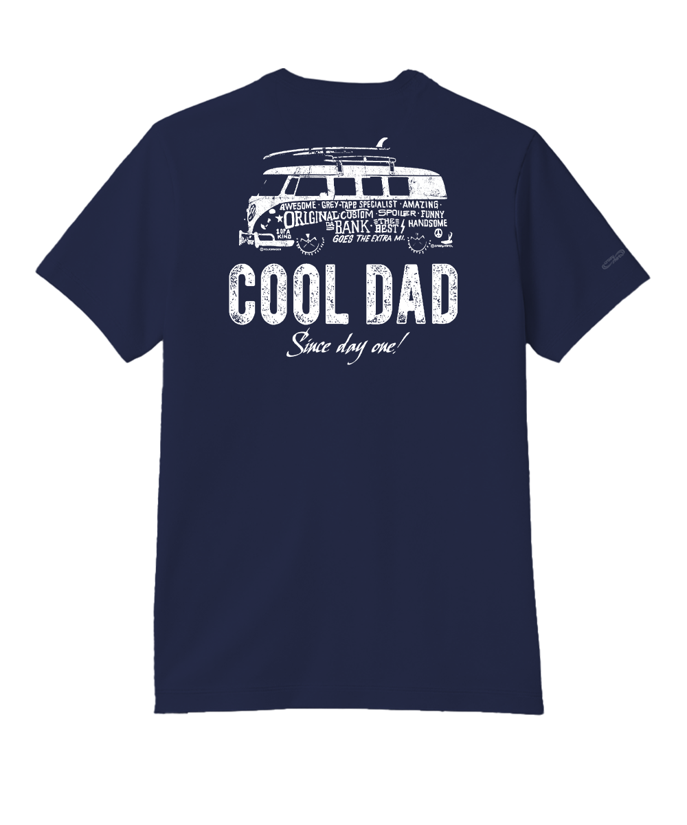 Navy blue t-shirt with white text and graphic on the back, displayed against a white background. View 1
