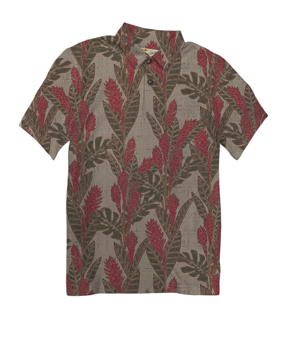 Hawaiian Ginger - Olive/Red Short Sleeve Hawaiian Polo Shirt