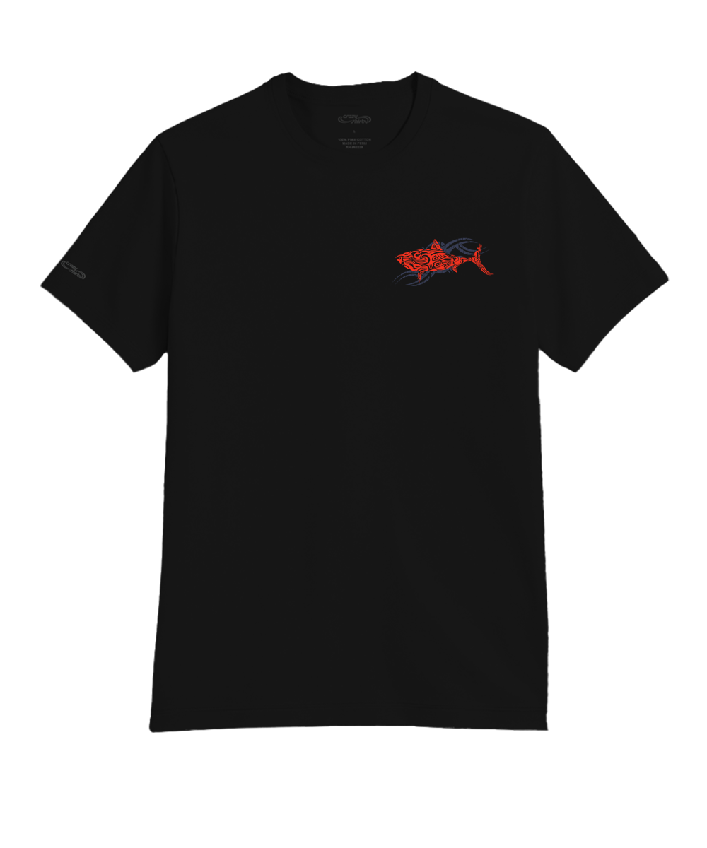 Black t-shirt with red shark and grey design on a white background View 4