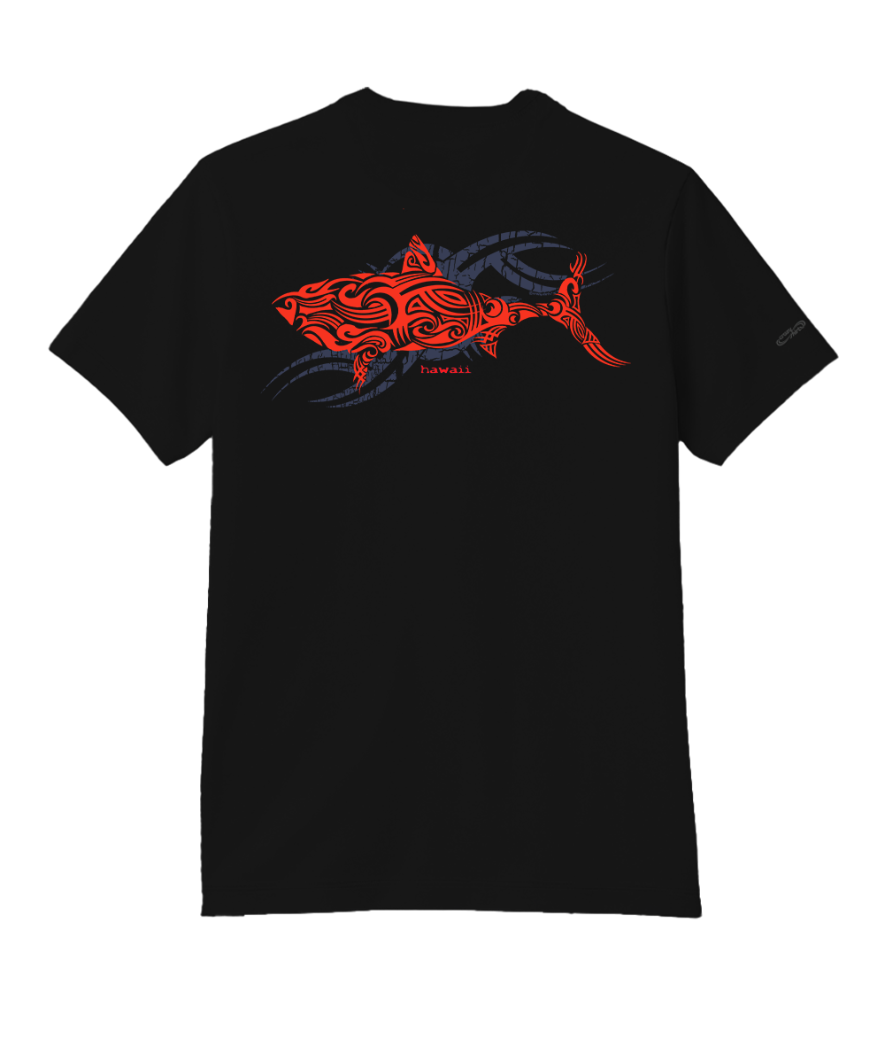 Black t-shirt with a red shark and grey design on a white background View 1