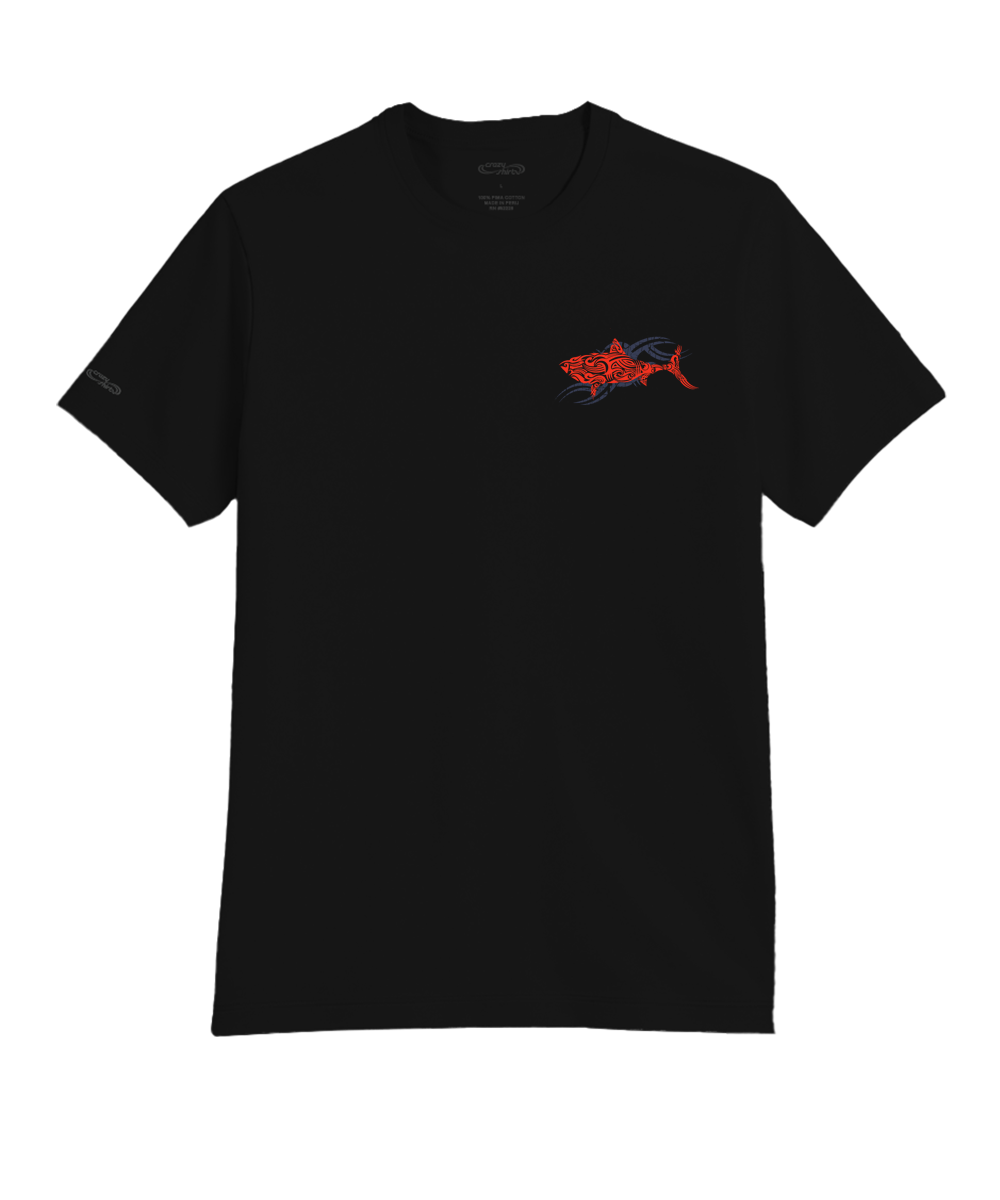 Black t-shirt with a red shark and grey graphic on a white background View 4