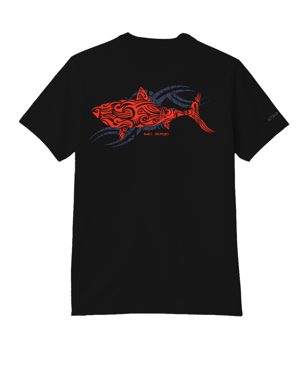 Black t-shirt with a red shark and grey design on the back against a white background View 4