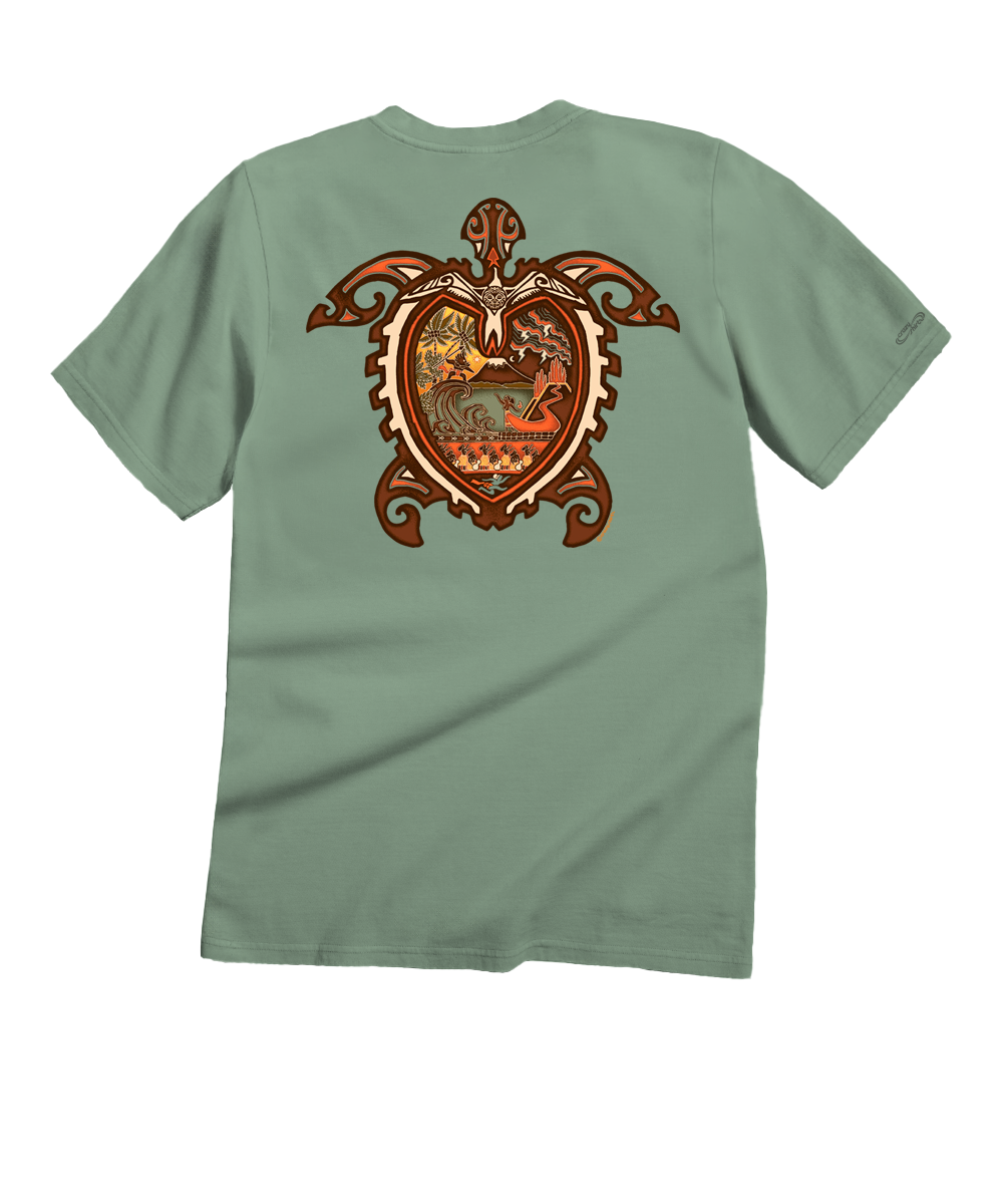 Green t-shirt with a decorative heart design on the back against a white background