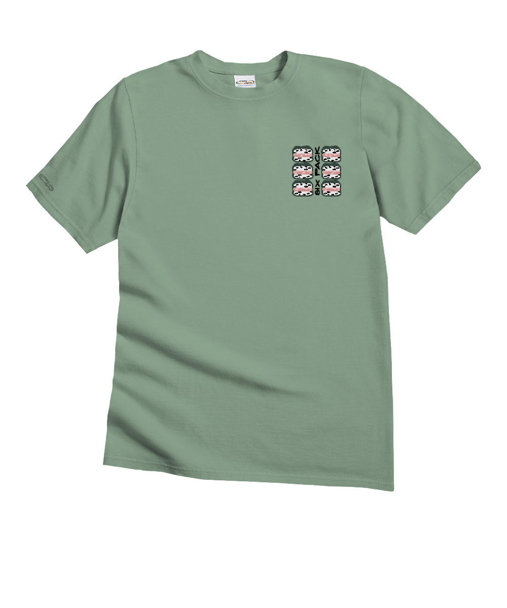Green t-shirt with a small chest graphic on a white background View 4