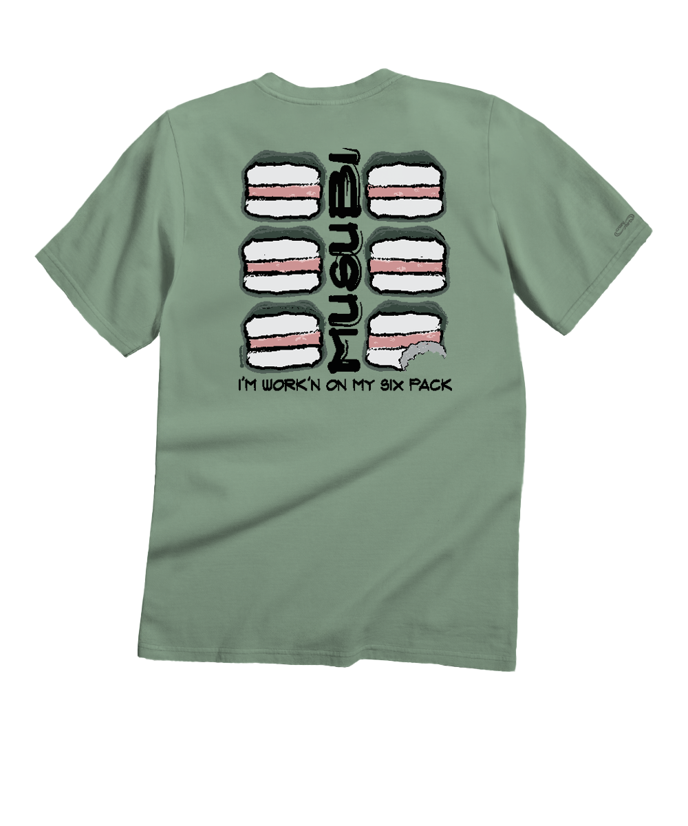 Green t-shirt with graphic design and text on a white background View 1