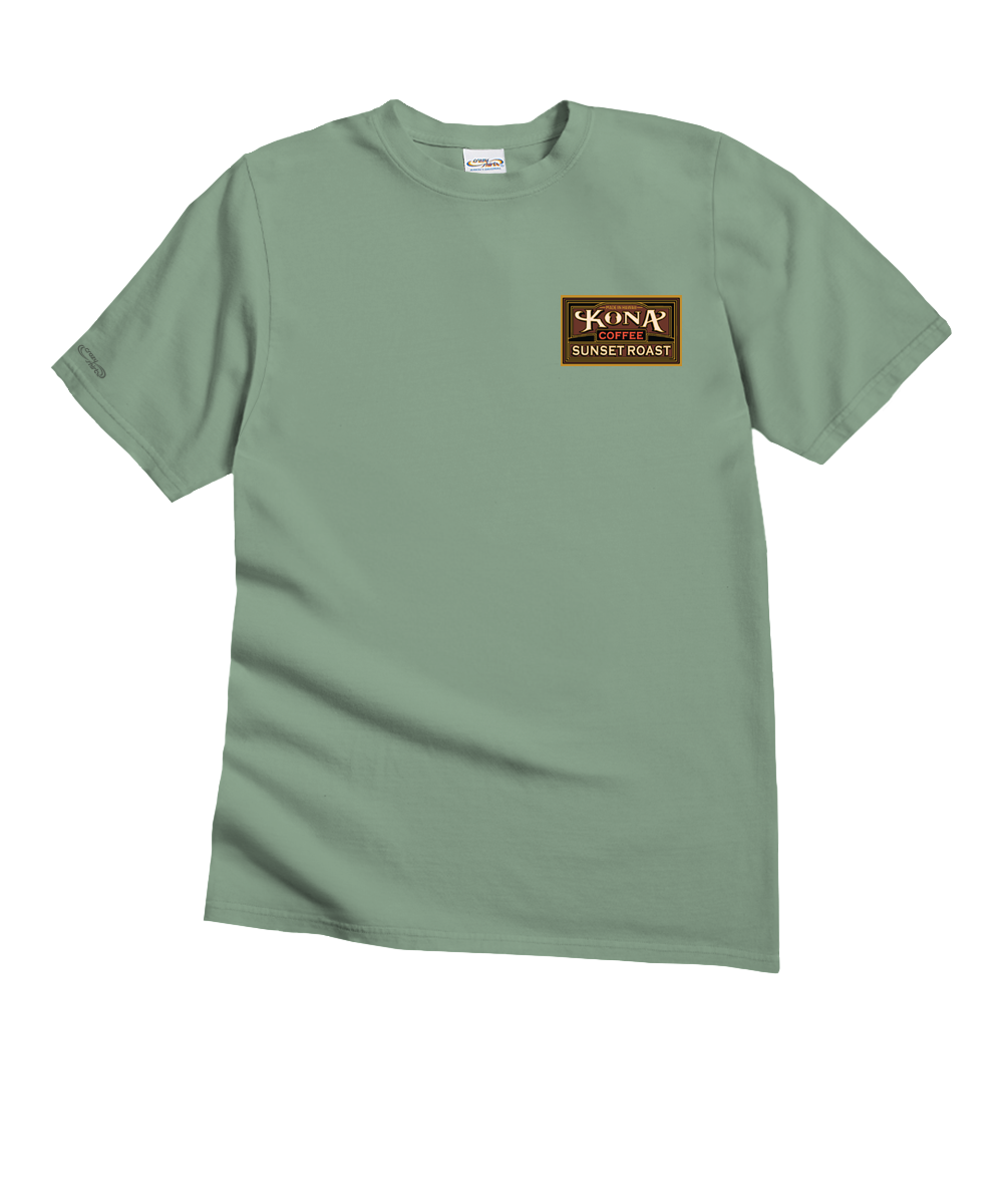 Green t-shirt with a brown logo on a white background View 4