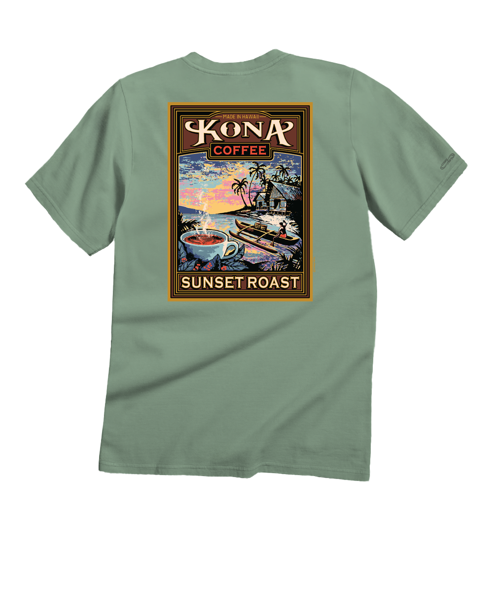 Green t-shirt with Kona Coffee Sunset Roast graphic on a white background View 1