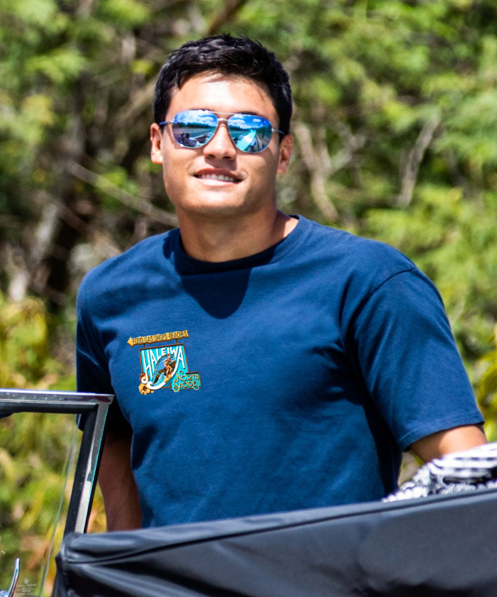 Haleiwa North Shore Signage - Navy Short Sleeve Crewneck T-Shirt
