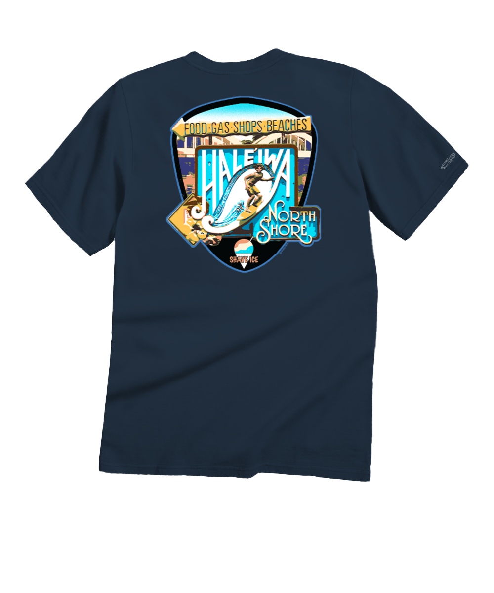 Navy blue t-shirt with a colorful graphic design on the back View 1